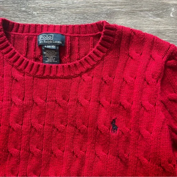 Polo by Ralph Lauren Red Cable Crew Red Sweater Boy’s Size Large  (14-16) - Picture 4 of 5